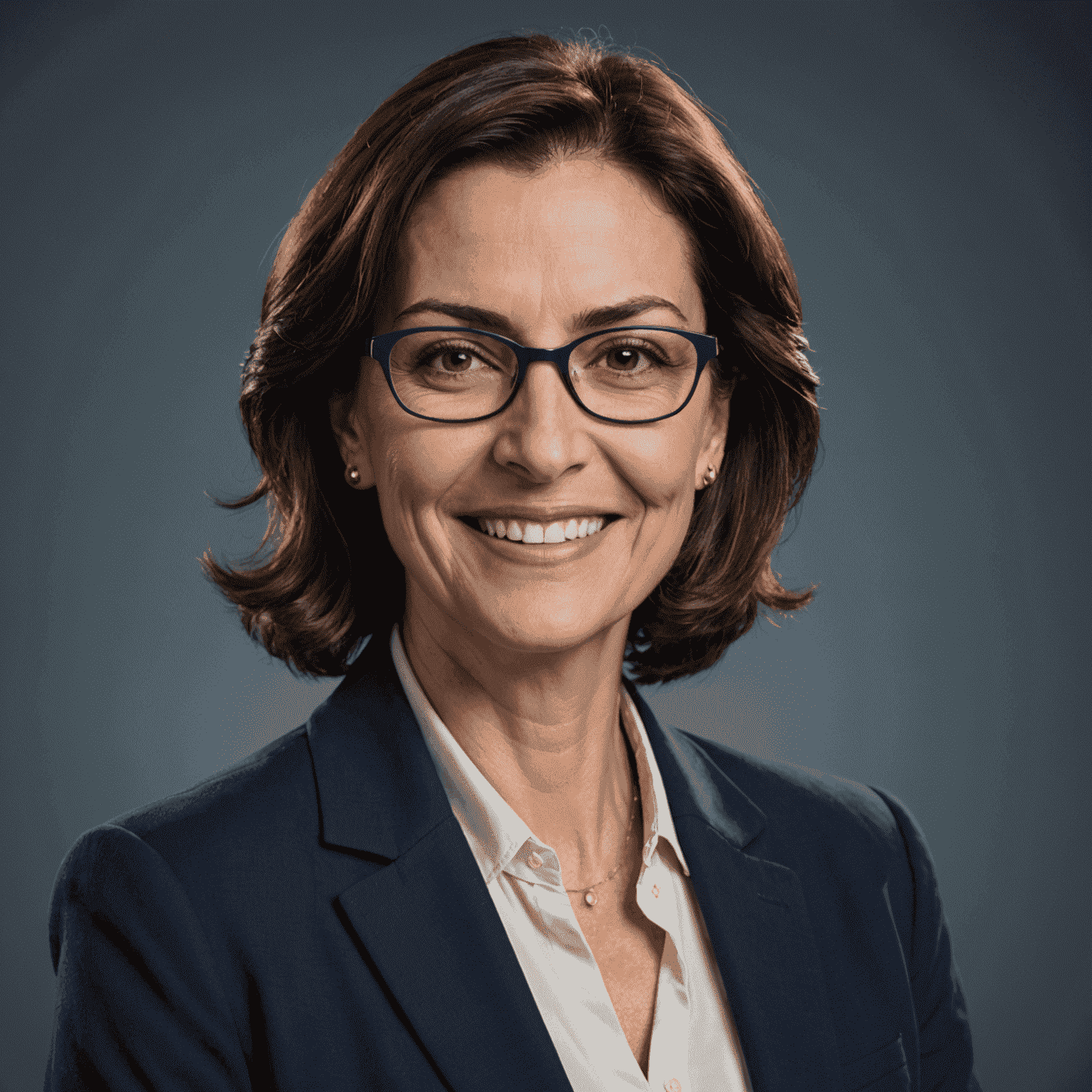 Portrait of Elena Papadopoulos, a middle-aged woman with short dark hair and glasses, wearing a professional navy blue blazer, smiling confidently at the camera