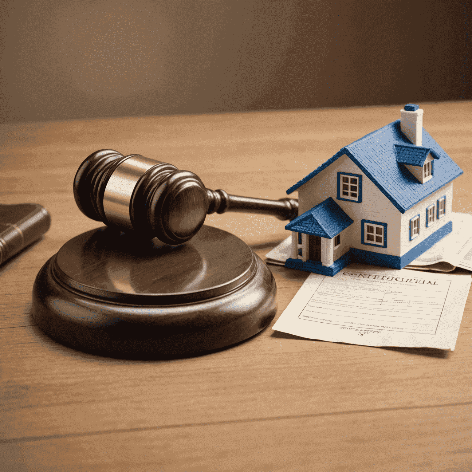 A gavel next to a house model, symbolizing property confiscation laws in Greece