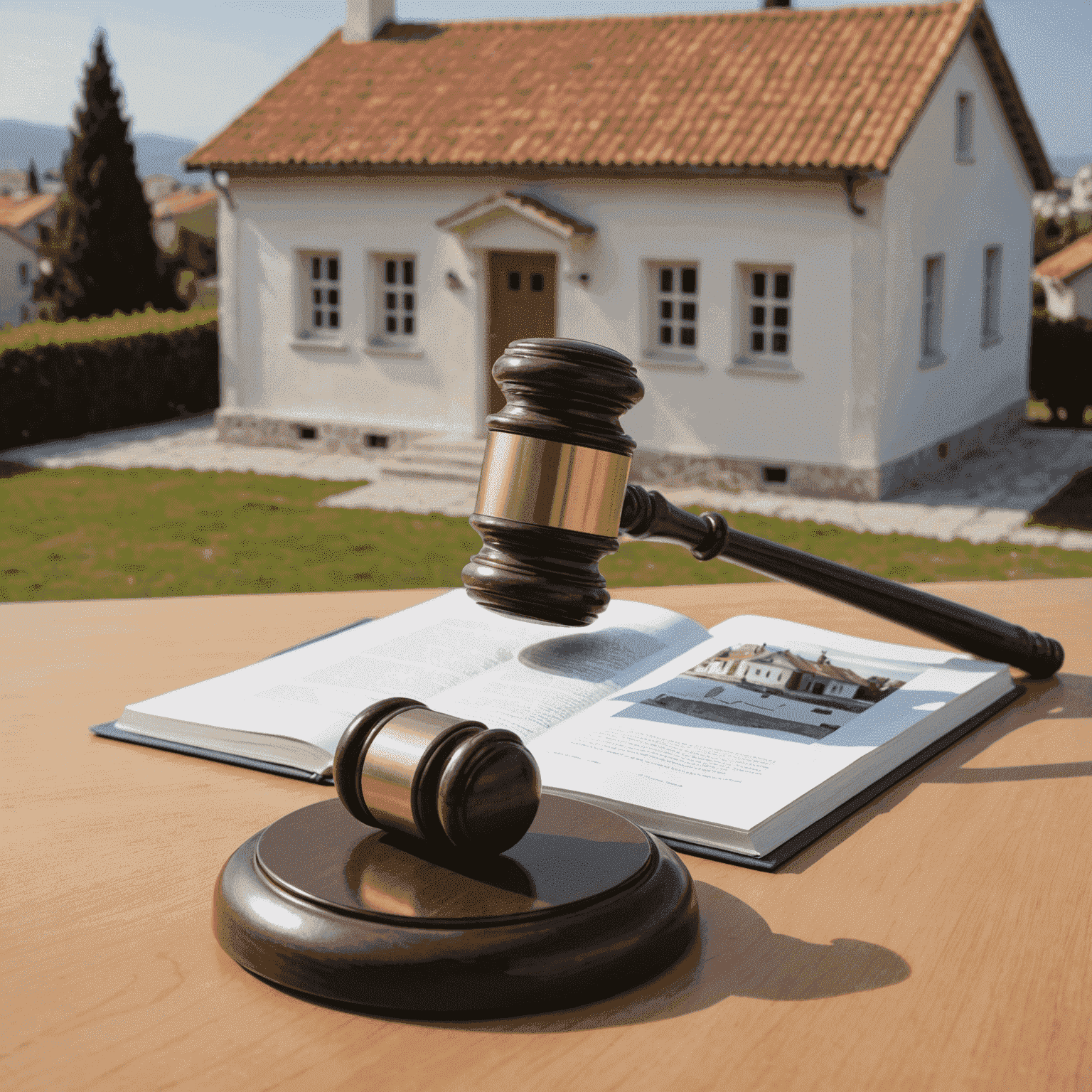 A gavel next to a house model, symbolizing property confiscation laws in Greece