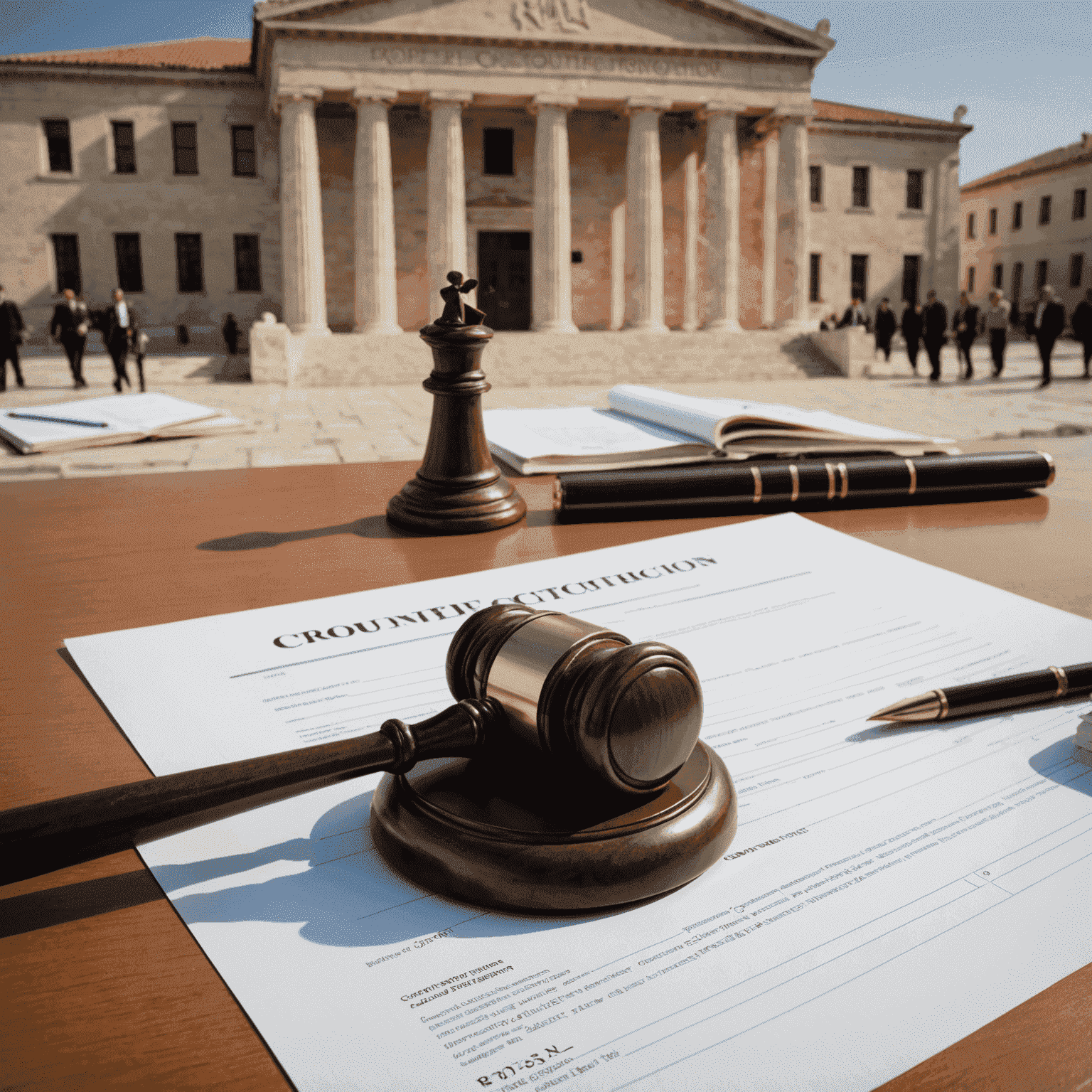 A Greek courthouse with a gavel and property documents in the foreground, symbolizing property confiscation laws