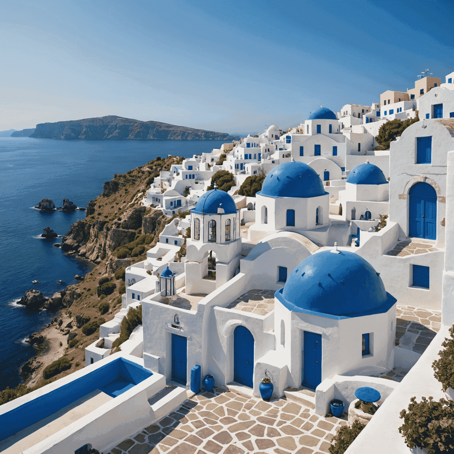 A picturesque Greek coastal property with white-washed buildings and blue domes, symbolizing foreign ownership in Greece