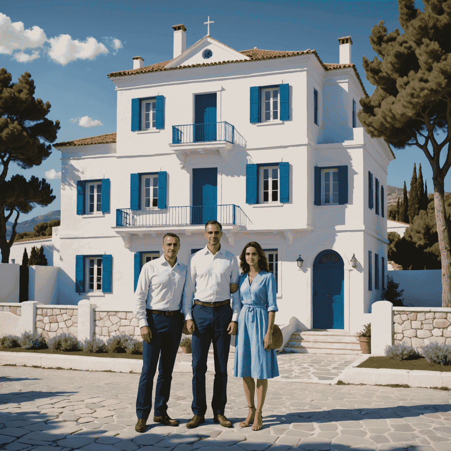 The Papadopoulos family standing in front of their preserved family home, a traditional Greek villa with white walls and blue shutters