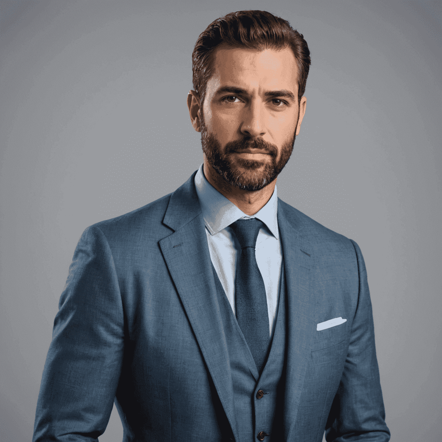 Portrait of Dimitris Andreou, a man in his early 40s with a well-trimmed beard, wearing a light blue shirt and gray suit jacket, looking professional and approachable