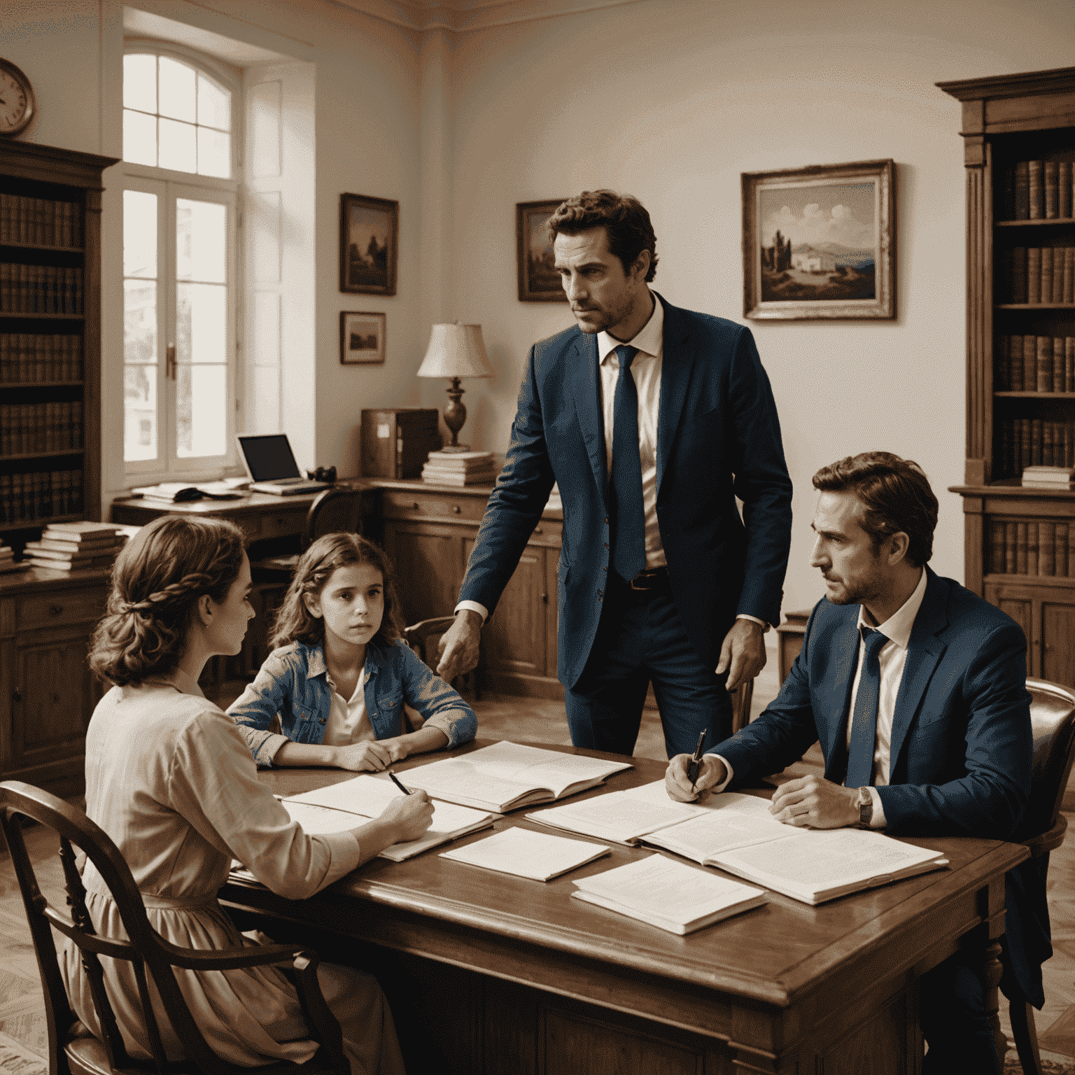 A Greek family discussing property rights with a lawyer in an office, emphasizing the importance of legal counsel in property confiscation cases