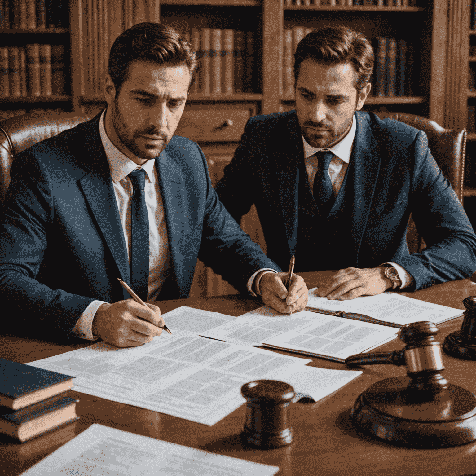 A Greek lawyer explaining legal documents to a client, representing the importance of legal counsel in property confiscation cases