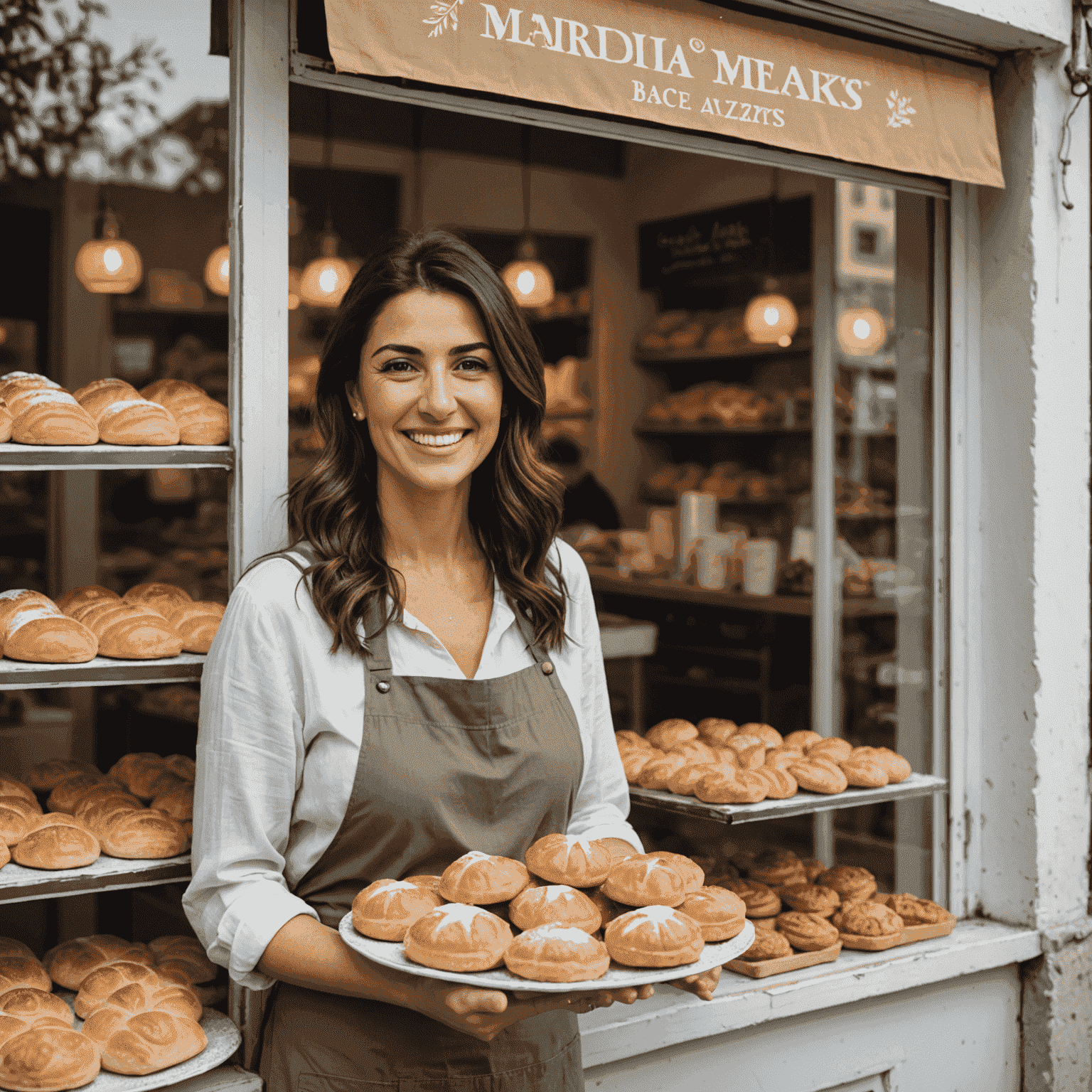 Maria Kouris smiling in front of her small bakery, with traditional Greek pastries displayed in the window