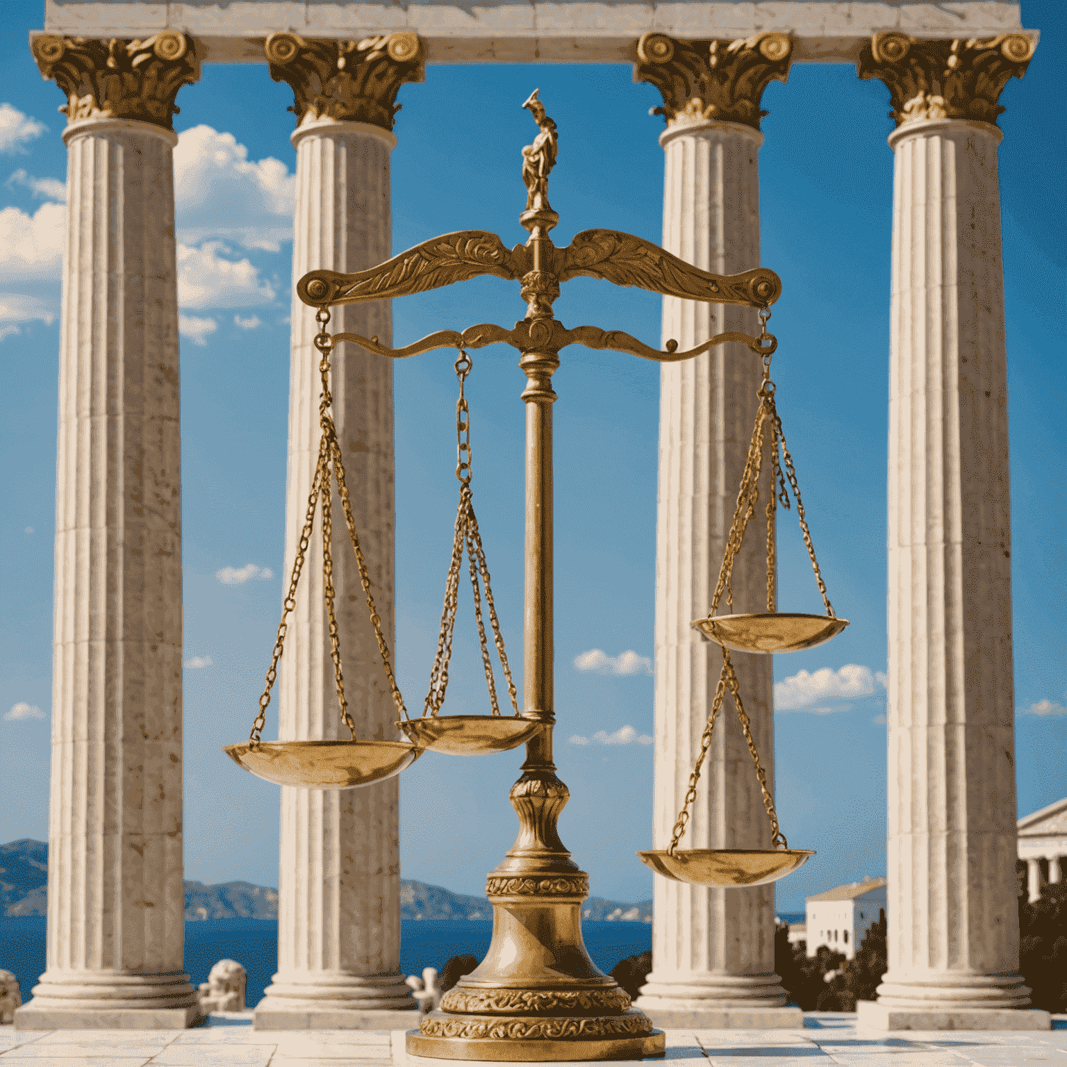 A scale of justice with Greek columns in the background, symbolizing the Greek legal system