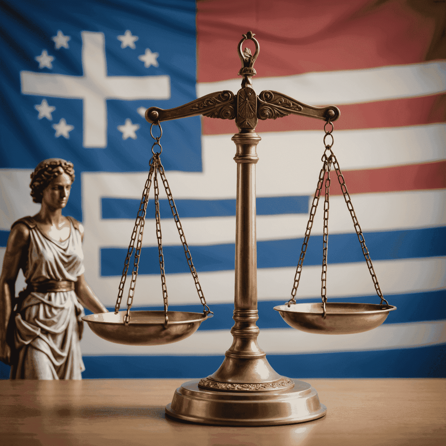 The scales of justice in front of a Greek flag, representing the Greek legal system