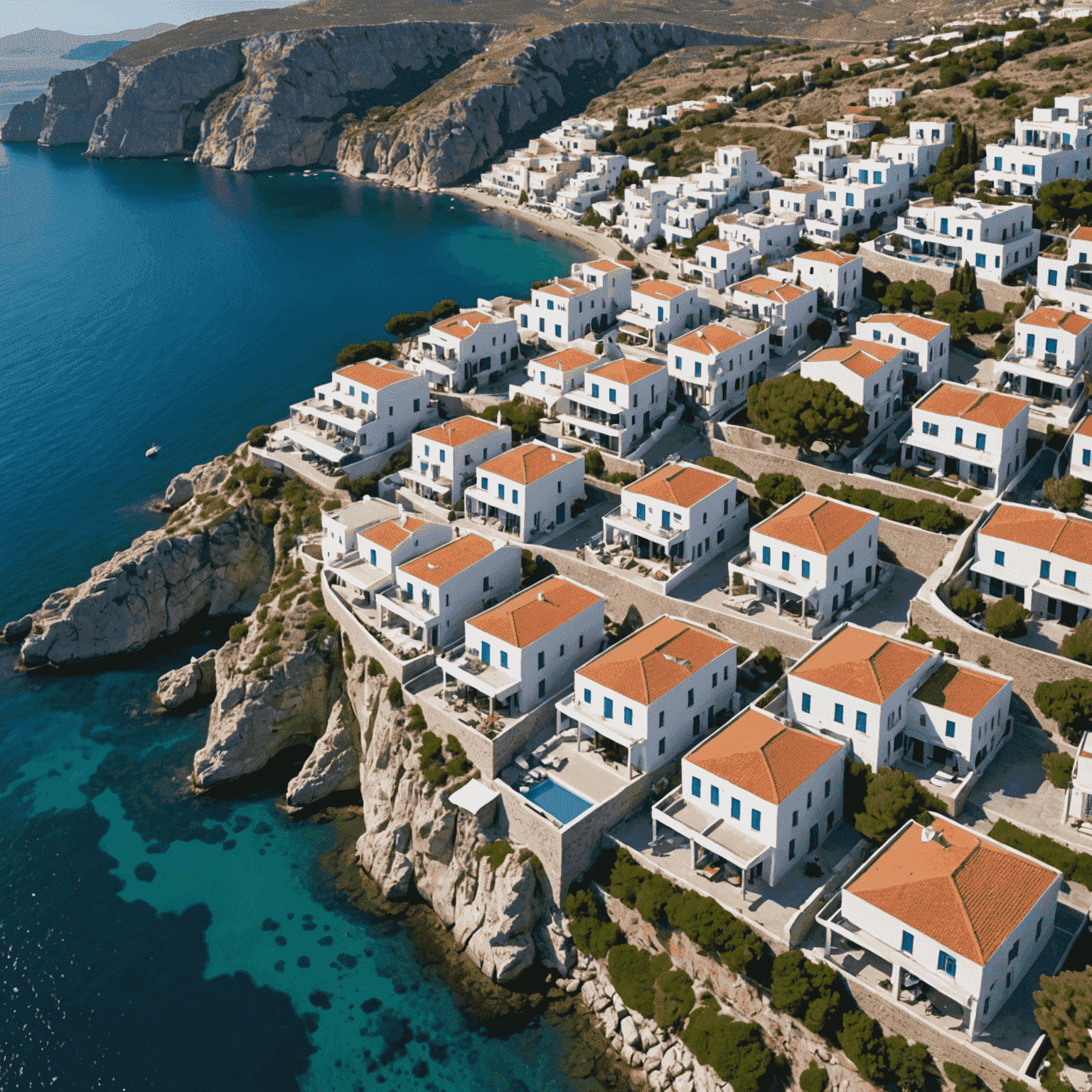 Aerial view of a beautiful Greek coastal area with a mix of traditional houses and modern developments