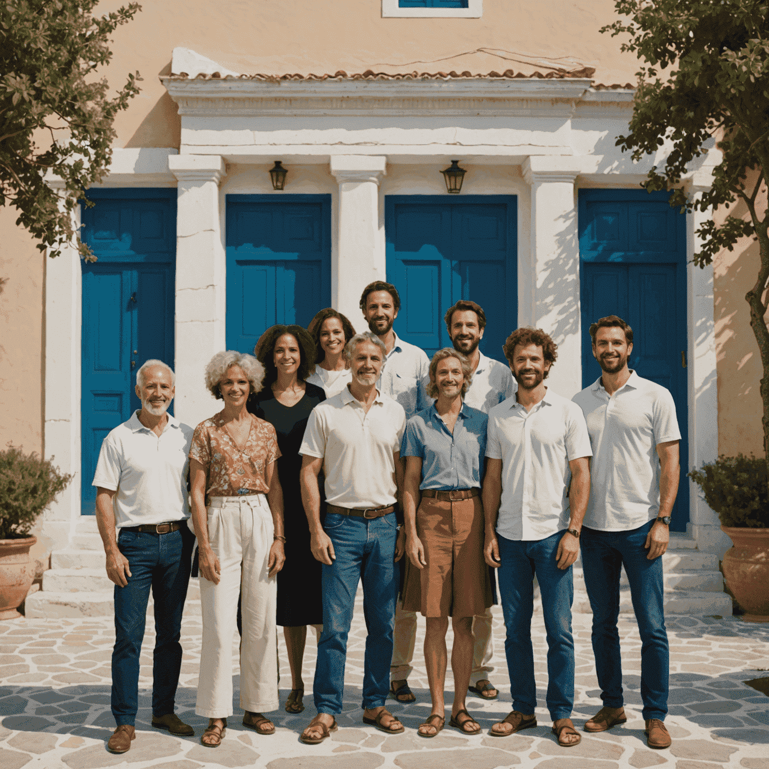 A diverse group of people standing in front of Greek property, symbolizing foreign property owners' rights