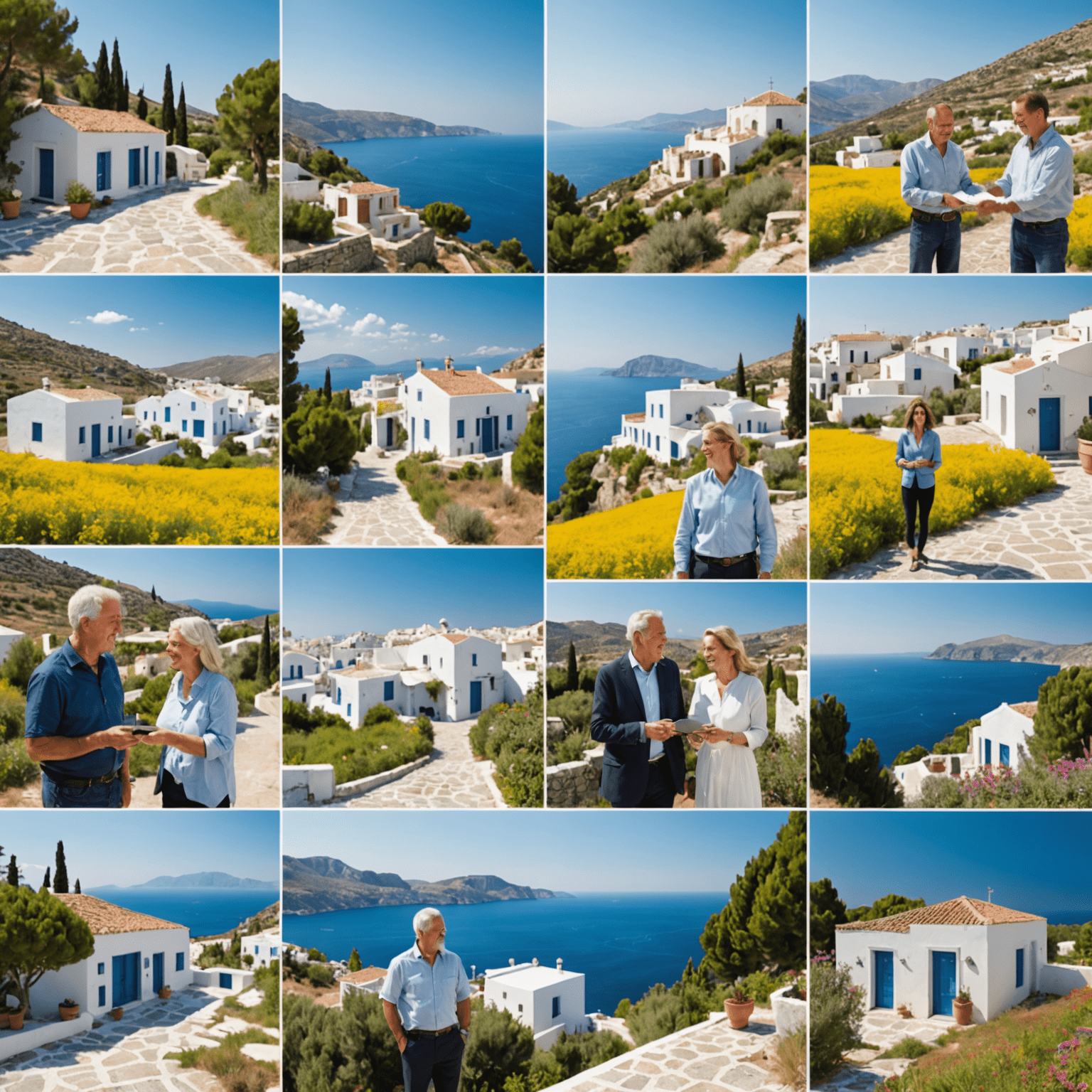 A collage of happy property owners and Greek landscapes, representing successful property protection cases